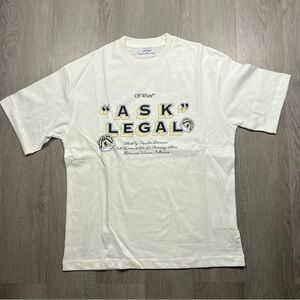 Off-White White Short-Sleeve "ASK LEGAL" Graphic Tee with Yellow Accents